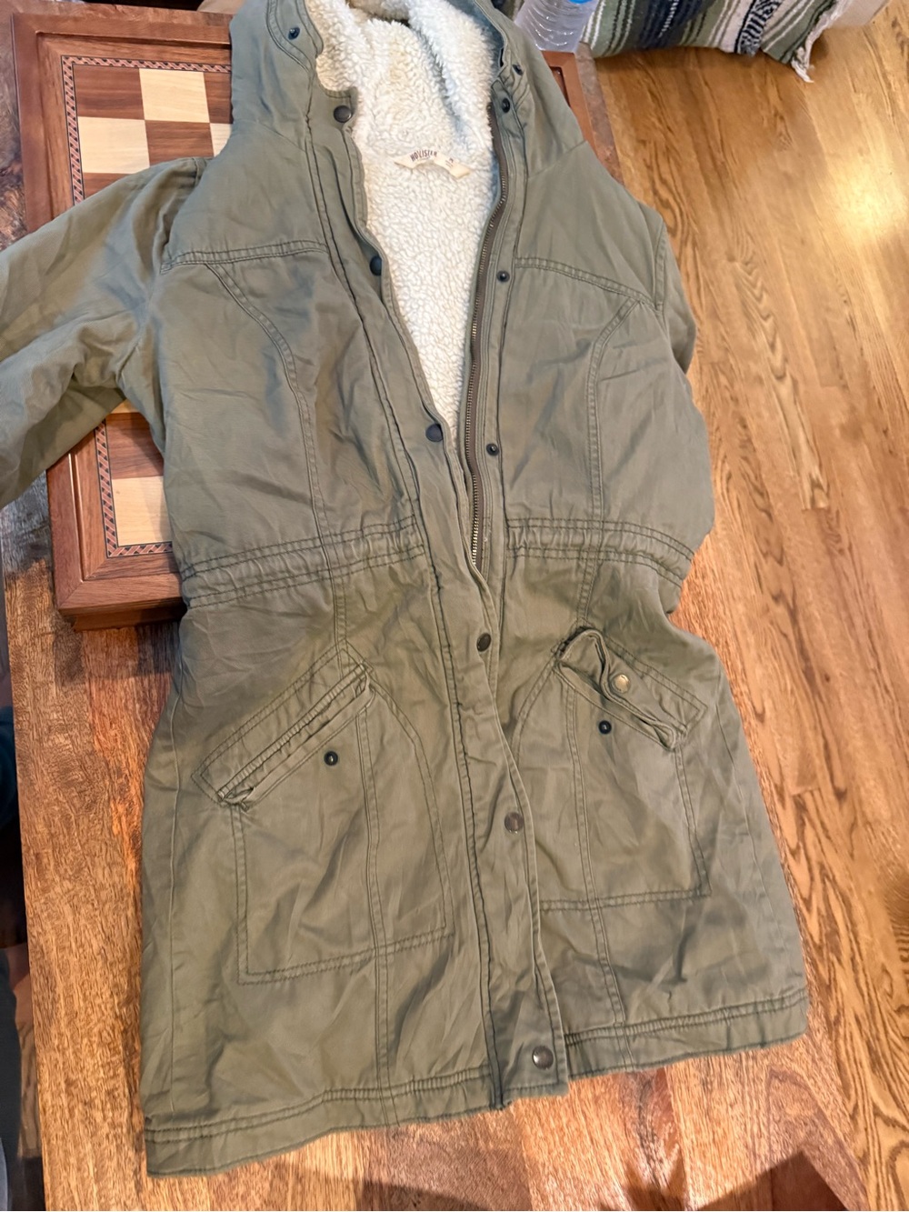 Hollister Olive Shell Jacket with White Sherpa Lining Winter Jacket Y2K